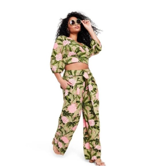 Agua Bendita Tops - Agua Benita Peony Print Tie Wrap Top & Pants - Size Small (top) / Medium (bottom